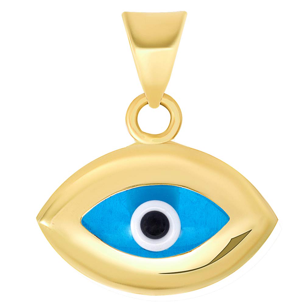 14k Yellow Gold Mini Eye Shaped Plain Blue Evil Eye Charm Pendant