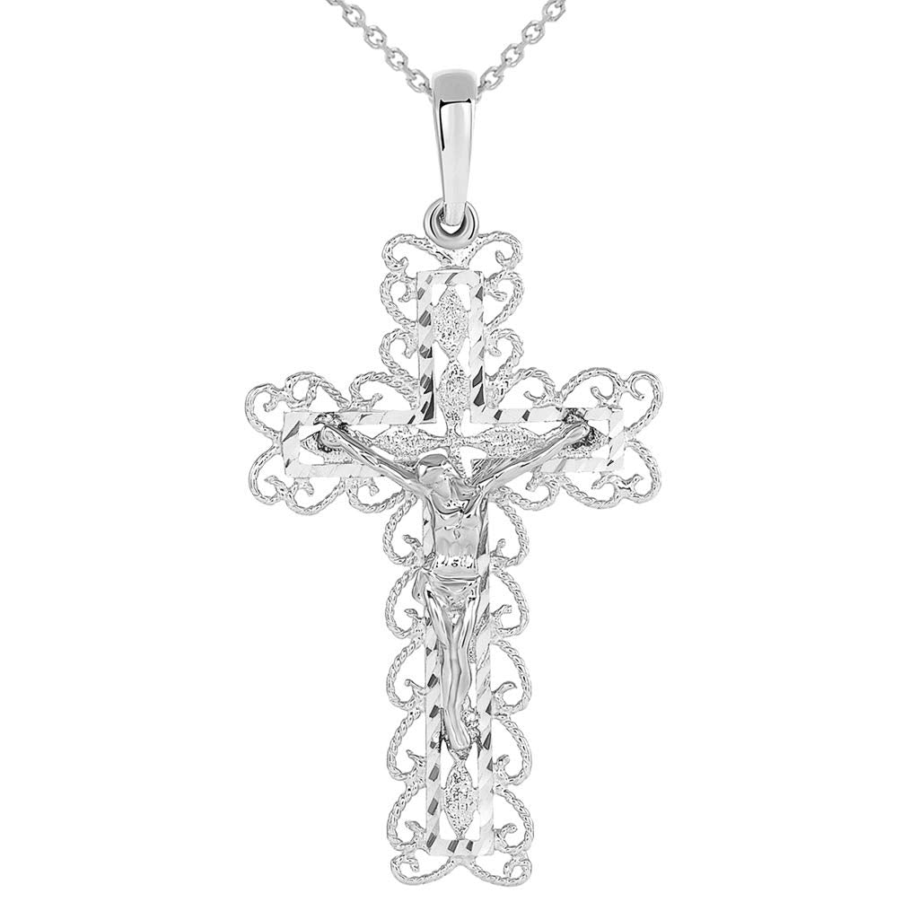 14k White Gold Fancy Filigree Religious Cross Jesus Crucifix Pendant Necklace