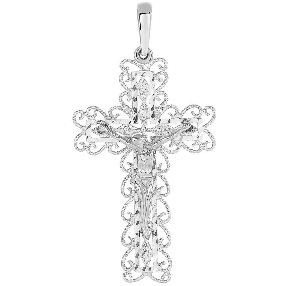 14k White Gold Fancy Filigree Religious Cross Jesus Crucifix Pendant
