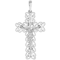 Load image into Gallery viewer, 14k White Gold Fancy Filigree Religious Cross Jesus Crucifix Pendant Necklace
