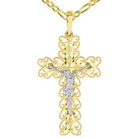 Load image into Gallery viewer, 14k Two Tone Gold Fancy Religious Filigree Cross Jesus Crucifix Pendant with Figaro Necklace
