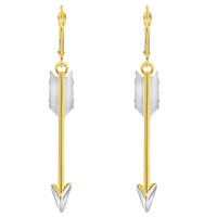 Load image into Gallery viewer, 14k Yellow Gold Feather Arrow Dangle Drop Earrings with Leverback - 3D
