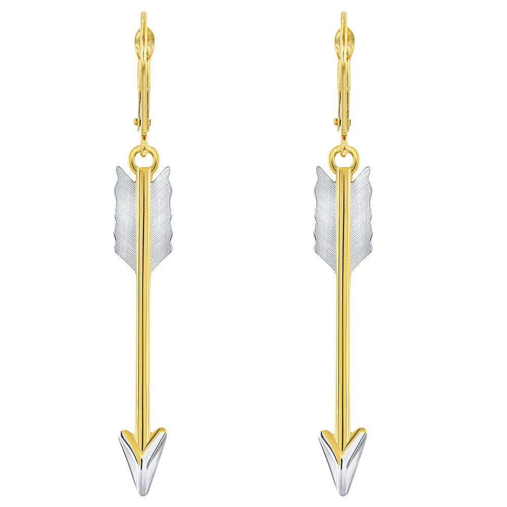 14k Yellow Gold Feather Arrow Dangle Drop Earrings with Leverback - 3D
