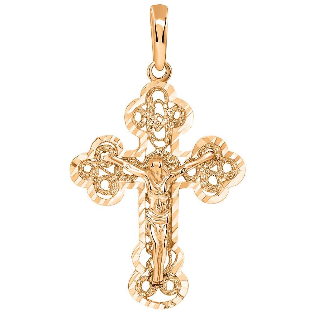 Solid 14k Rose Gold Filigree Eastern Orthodox Cross Crucifix Pendant