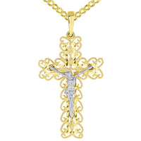 Load image into Gallery viewer, Solid 14k Two Tone Gold Filigree Eastern Orthodox Cross Crucifix Pendant with Cuban Necklace
