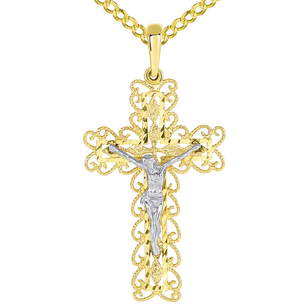Solid 14k Two Tone Gold Filigree Eastern Orthodox Cross Crucifix Pendant with Cuban Necklace