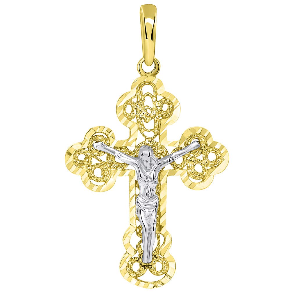 Solid 14k Two Tone Gold Filigree Eastern Orthodox Cross Crucifix Pendant