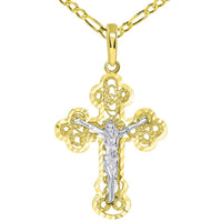 Load image into Gallery viewer, Solid 14k Two Tone Gold Filigree Eastern Orthodox Cross Crucifix Pendant with Figaro Necklace
