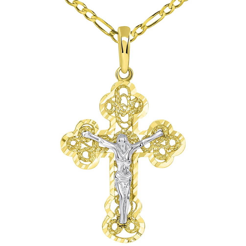 Solid 14k Two Tone Gold Filigree Eastern Orthodox Cross Crucifix Pendant with Figaro Necklace