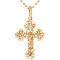 Load image into Gallery viewer, Solid 14k Rose Gold Filigree Eastern Orthodox Cross Crucifix Pendant Necklace
