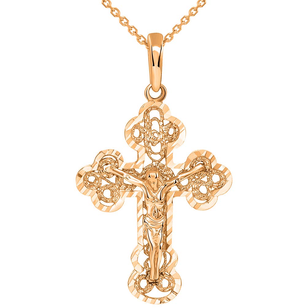 Solid 14k Rose Gold Filigree Eastern Orthodox Cross Crucifix Pendant Necklace