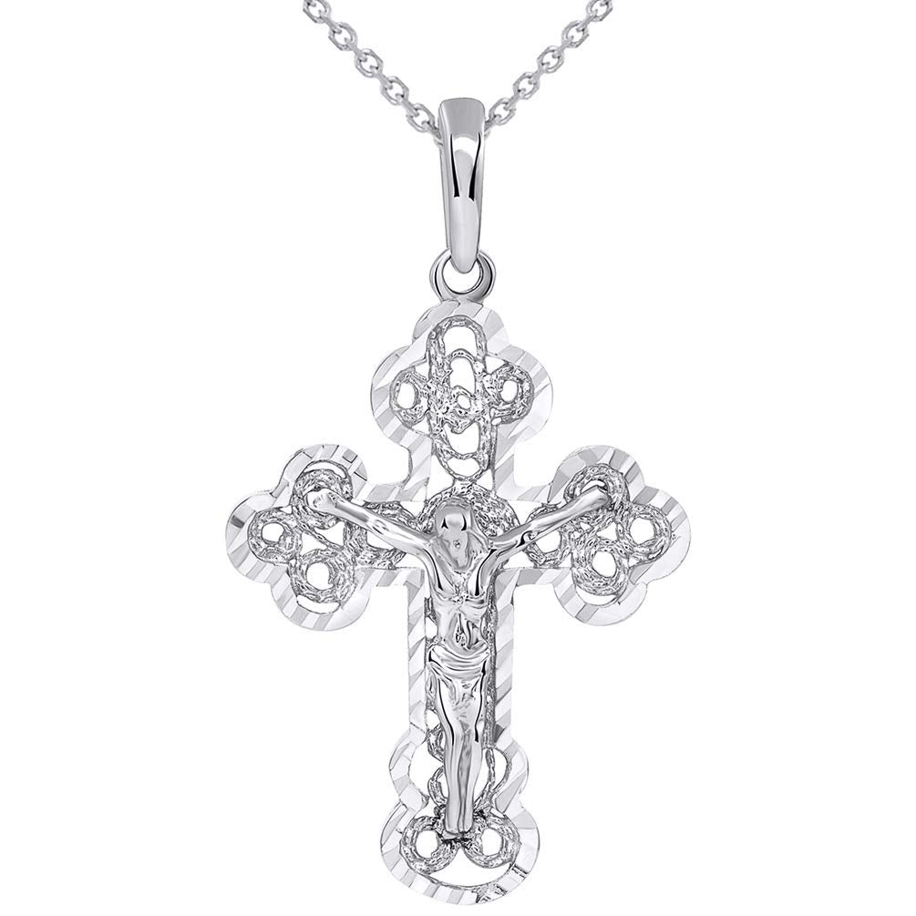 Solid 14k White Gold Filigree Eastern Orthodox Cross Crucifix Pendant Necklace