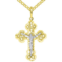 Load image into Gallery viewer, Solid 14k Two Tone Gold Filigree Eastern Orthodox Cross Jesus Crucifix Pendant with Cuban Necklace
