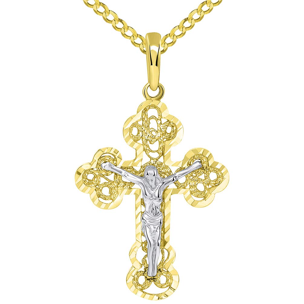 Solid 14k Two Tone Gold Filigree Eastern Orthodox Cross Jesus Crucifix Pendant with Cuban Necklace