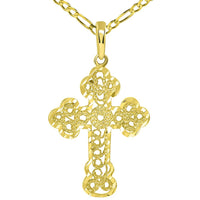 Load image into Gallery viewer, Solid 14k Yellow Gold Filigree Eastern Orthodox Cross Pendant with Figaro Necklace
