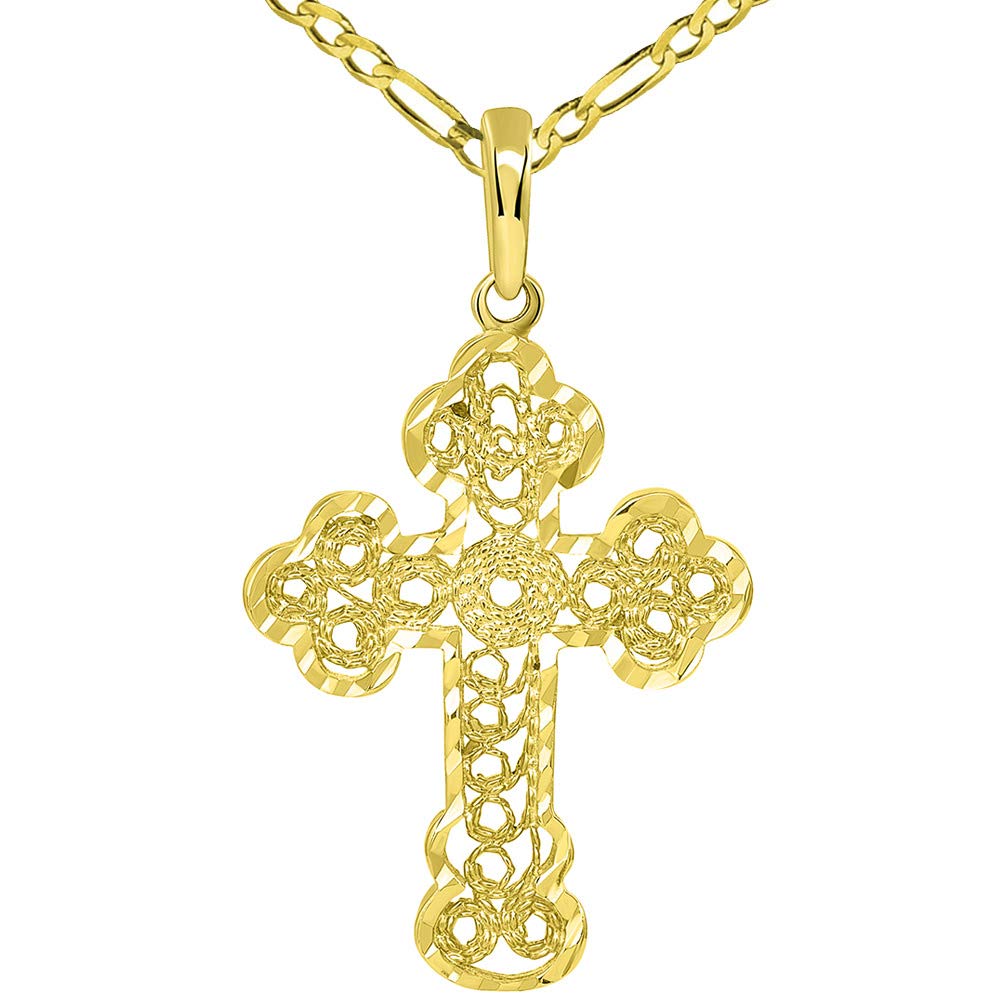 Solid 14k Yellow Gold Filigree Eastern Orthodox Cross Pendant with Figaro Necklace