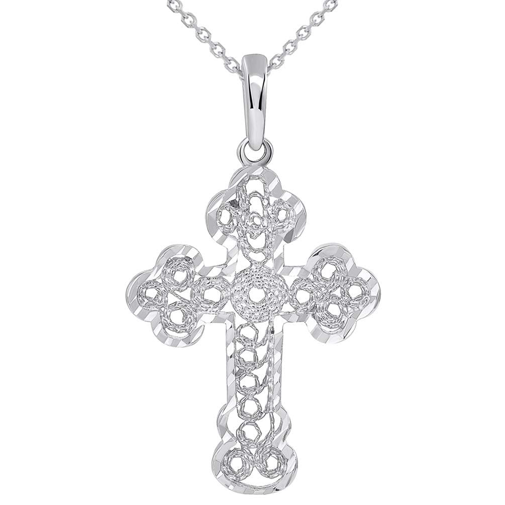 Solid 14k White Gold Filigree Eastern Orthodox Cross Pendant Necklace