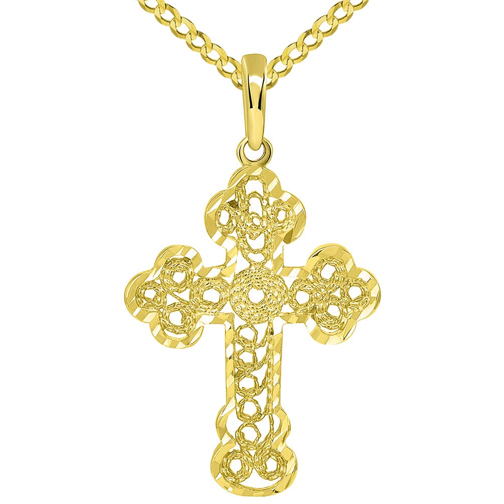 Solid 14k Yellow Gold Filigree Eastern Orthodox Cross Pendant with Cuban Necklace