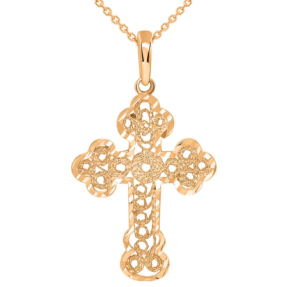 Solid 14k Rose Gold Filigree Eastern Orthodox Cross Pendant Necklace
