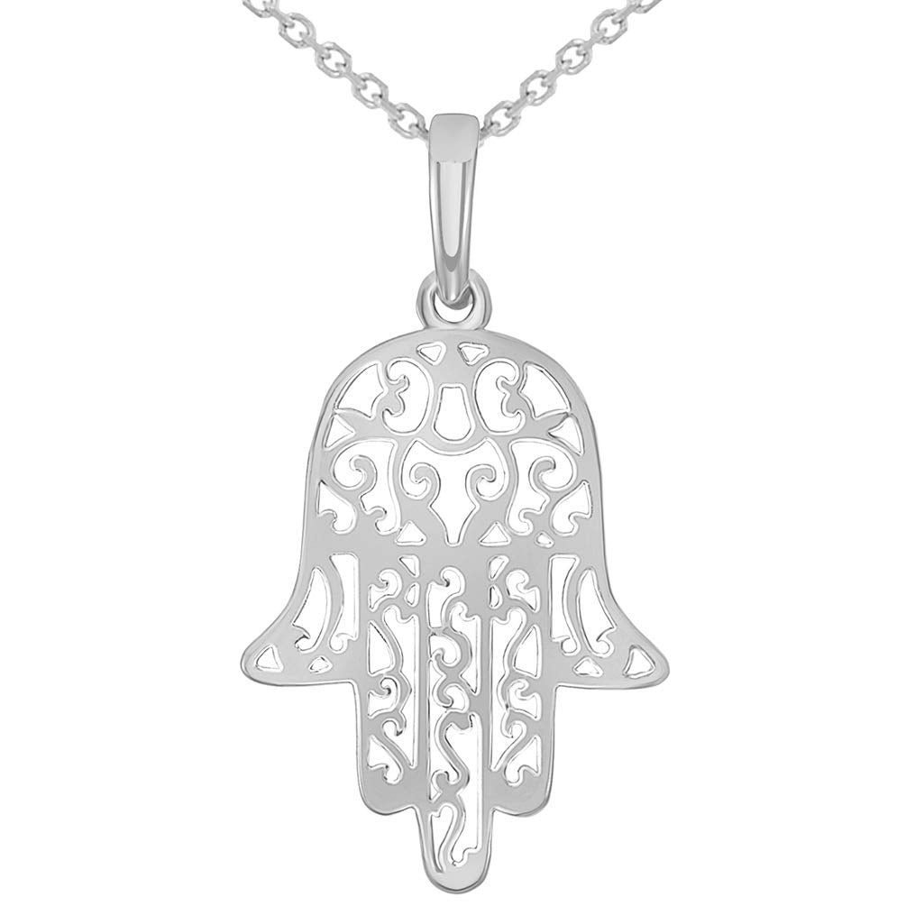 14k White Gold Filigree Hamsa Hand of Fatima Charm Pendant Necklace