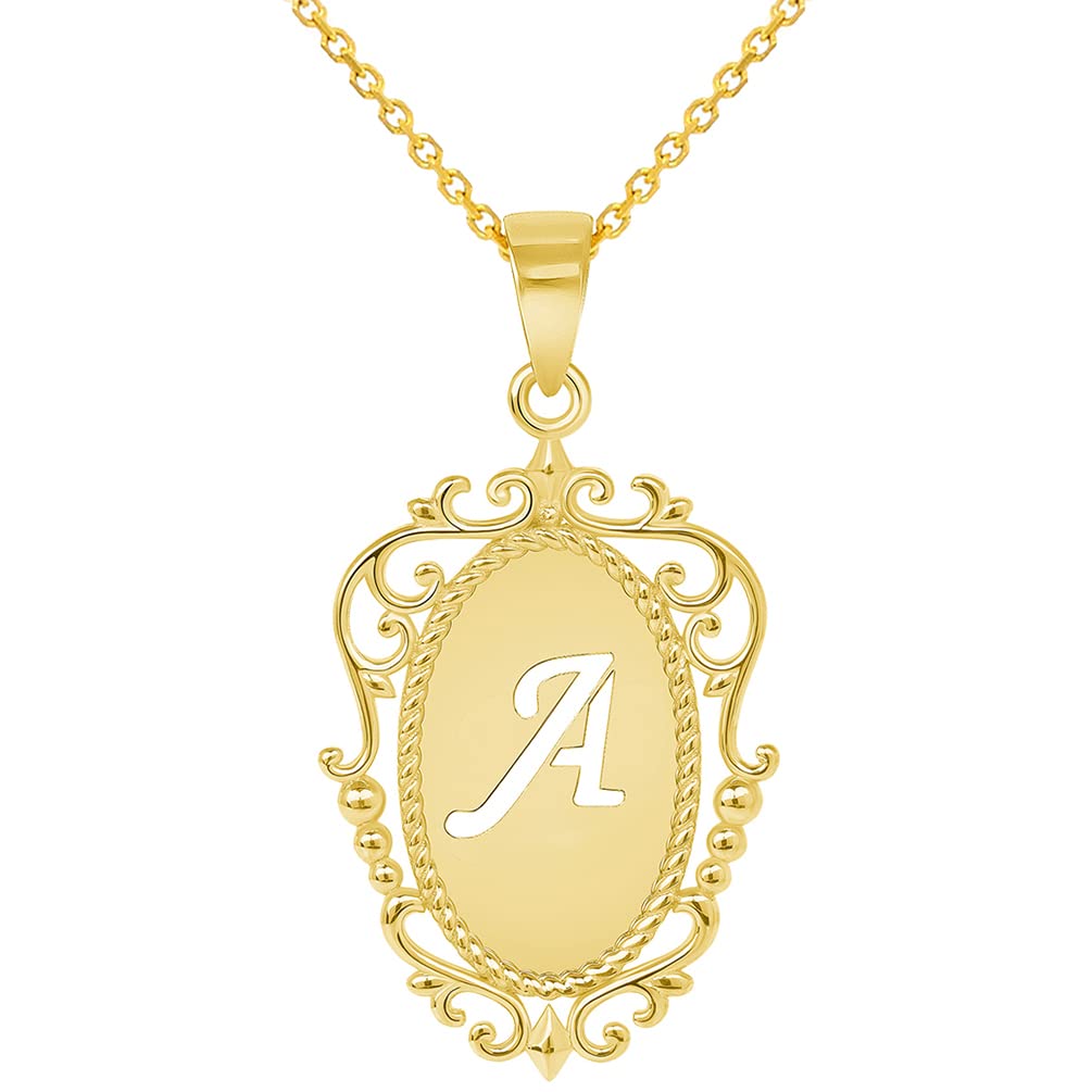 14k Yellow Gold Elegant Filigree Oval Uppercase Initial A Script Letter Plate Pendant with Cable, Curb, or Figaro Chain Necklaces