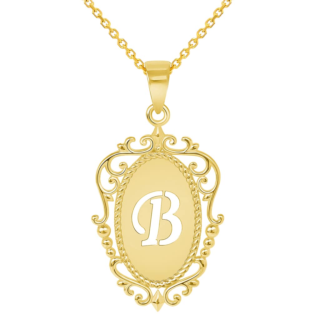 14k Yellow Gold Elegant Filigree Oval Uppercase Initial B Script Letter Plate Pendant with Cable, Curb, or Figaro Chain Necklaces