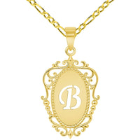 Load image into Gallery viewer, 14k Yellow Gold Elegant Filigree Oval Uppercase Initial B Script Letter Plate Pendant with Cable, Curb, or Figaro Chain Necklaces

