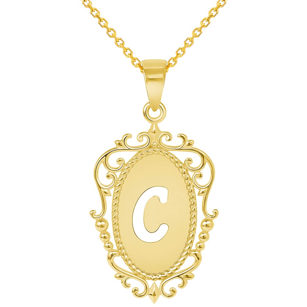 14k Yellow Gold Elegant Filigree Oval Uppercase Initial C Script Letter Plate Pendant with Cable, Curb, or Figaro Chain Necklaces