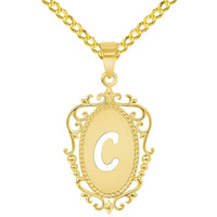 Load image into Gallery viewer, 14k Yellow Gold Elegant Filigree Oval Uppercase Initial C Script Letter Plate Pendant with Cable, Curb, or Figaro Chain Necklaces
