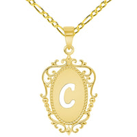 Load image into Gallery viewer, 14k Yellow Gold Elegant Filigree Oval Uppercase Initial C Script Letter Plate Pendant with Cable, Curb, or Figaro Chain Necklaces
