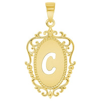 Load image into Gallery viewer, 14k Yellow Gold Elegant Filigree Oval Uppercase Initial C Script Letter Plate Pendant with Cable, Curb, or Figaro Chain Necklaces

