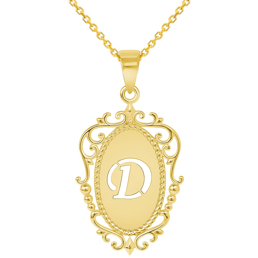 14k Yellow Gold Elegant Filigree Oval Uppercase Initial D Script Letter Plate Pendant with Cable, Curb, or Figaro Chain Necklaces