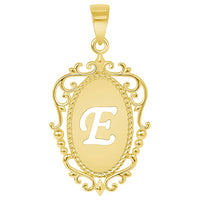 Load image into Gallery viewer, 14k Yellow Gold Elegant Filigree Oval Uppercase Initial E Script Letter Plate Pendant with Cable, Curb, or Figaro Chain Necklaces
