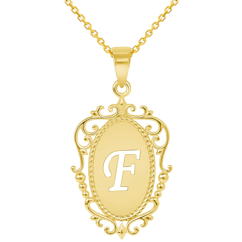 14k Yellow Gold Elegant Filigree Oval Uppercase Initial F Script Letter Plate Pendant with Cable, Curb, or Figaro Chain Necklaces