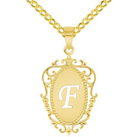 Load image into Gallery viewer, 14k Yellow Gold Elegant Filigree Oval Uppercase Initial F Script Letter Plate Pendant with Cable, Curb, or Figaro Chain Necklaces
