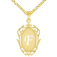 Load image into Gallery viewer, 14k Yellow Gold Elegant Filigree Oval Uppercase Initial F Script Letter Plate Pendant with Cable, Curb, or Figaro Chain Necklaces
