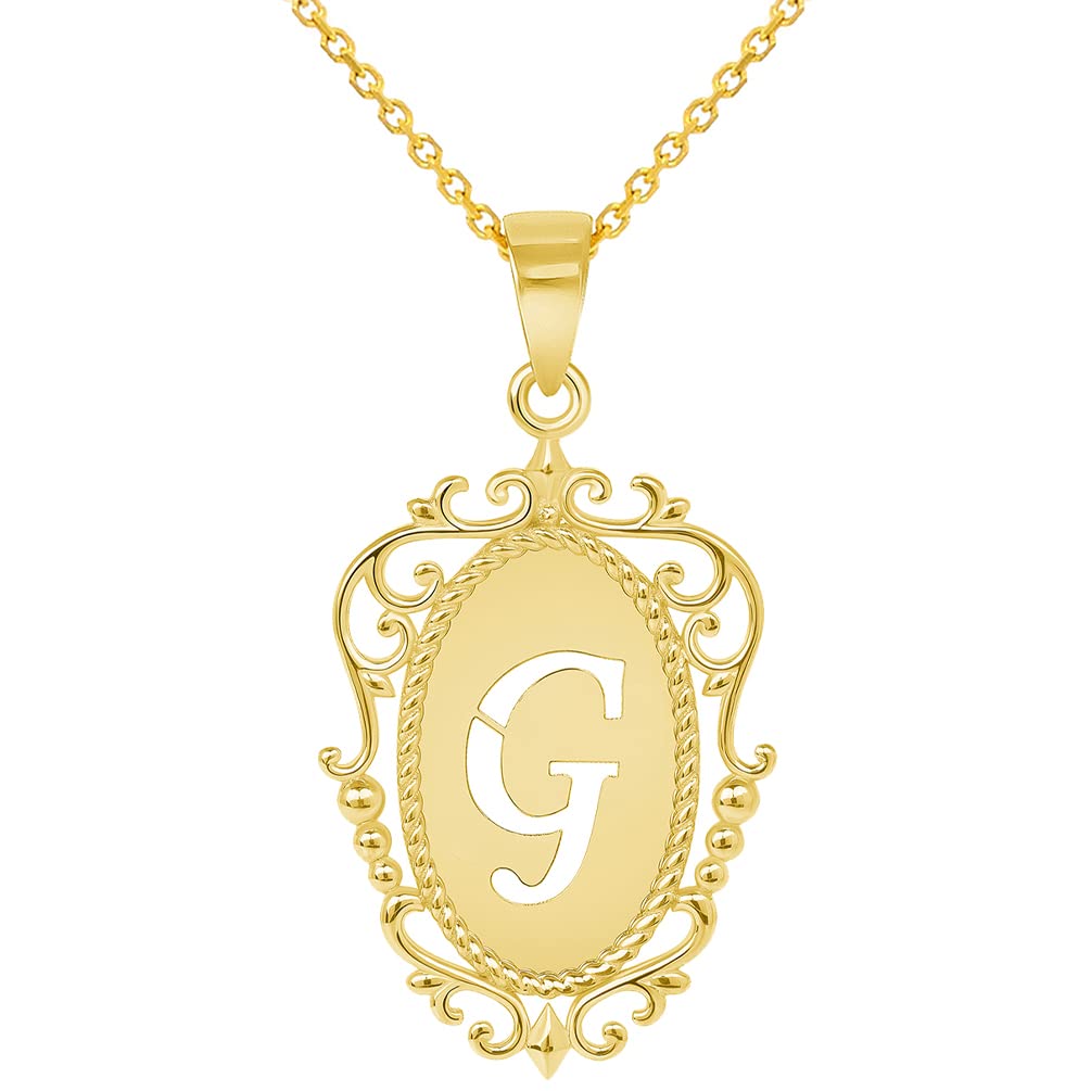 14k Yellow Gold Elegant Filigree Oval Uppercase Initial G Script Letter Plate Pendant with Cable, Curb, or Figaro Chain Necklaces