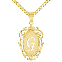 Load image into Gallery viewer, 14k Yellow Gold Elegant Filigree Oval Uppercase Initial G Script Letter Plate Pendant with Cable, Curb, or Figaro Chain Necklaces
