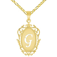 Load image into Gallery viewer, 14k Yellow Gold Elegant Filigree Oval Uppercase Initial G Script Letter Plate Pendant with Cable, Curb, or Figaro Chain Necklaces
