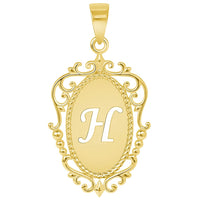 Load image into Gallery viewer, 14k Yellow Gold Elegant Filigree Oval Uppercase Initial H Script Letter Plate Pendant with Cable, Curb, or Figaro Chain Necklaces
