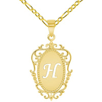 Load image into Gallery viewer, 14k Yellow Gold Elegant Filigree Oval Uppercase Initial H Script Letter Plate Pendant with Cable, Curb, or Figaro Chain Necklaces
