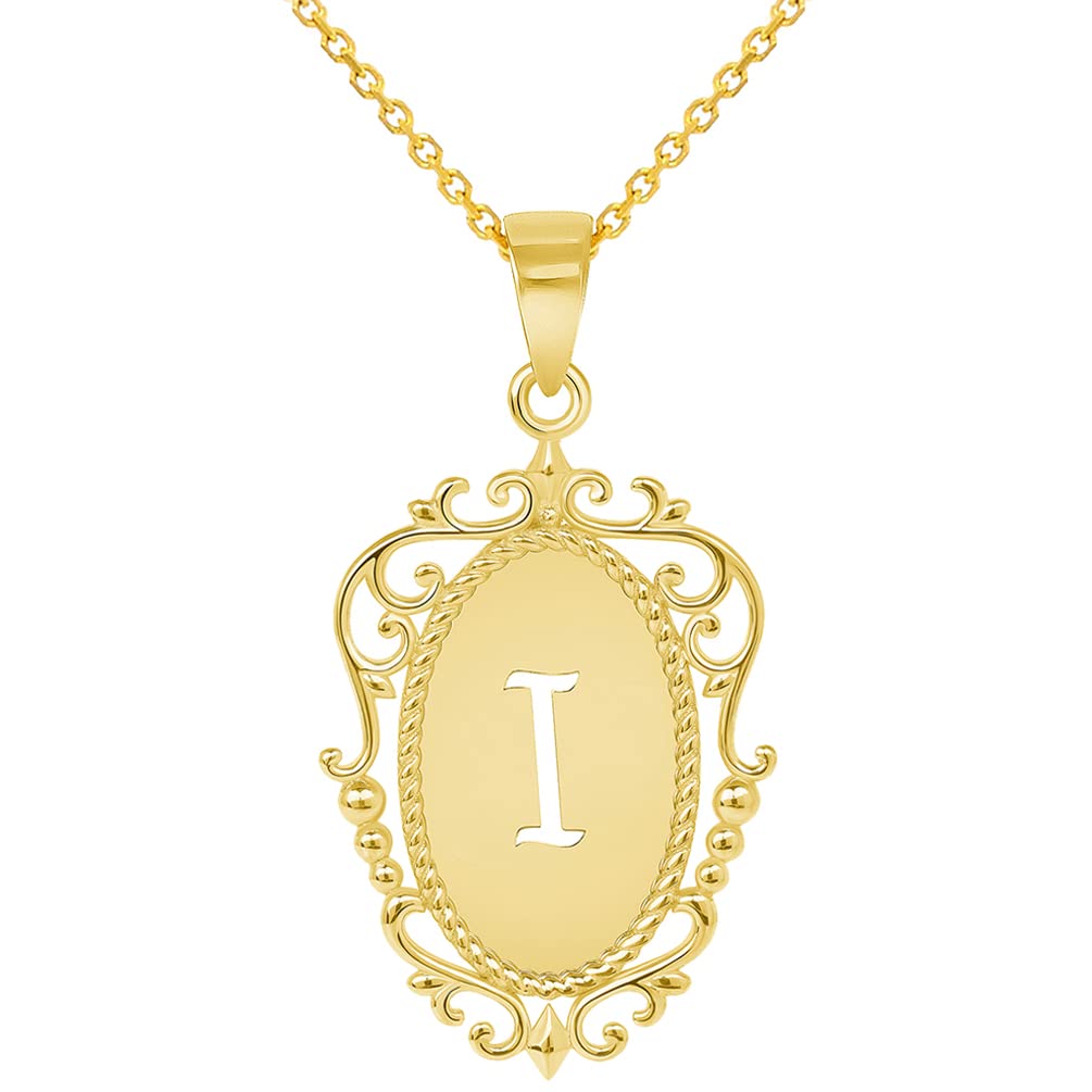 14k Yellow Gold Elegant Filigree Oval Uppercase Initial I Script Letter Plate Pendant with Cable, Curb, or Figaro Chain Necklaces