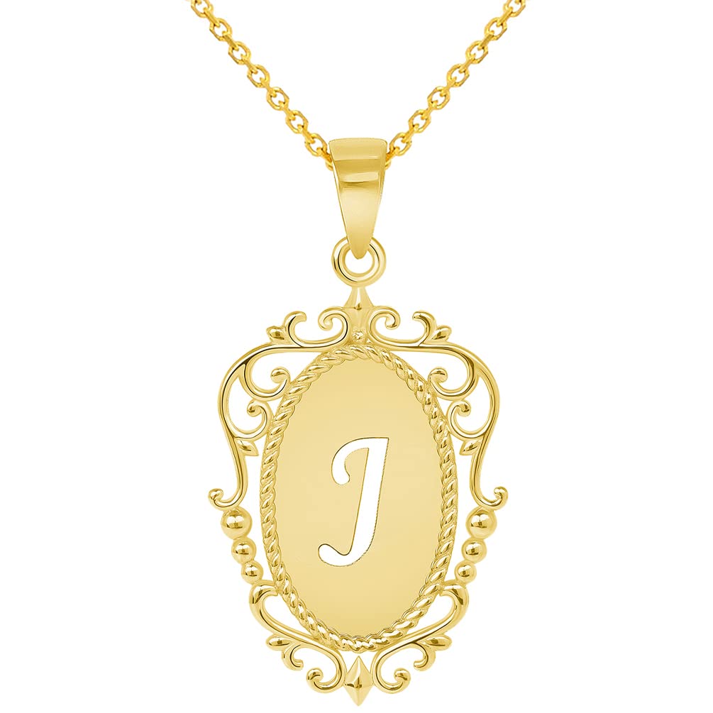 14k Yellow Gold Elegant Filigree Oval Uppercase Initial J Script Letter Plate Pendant with Cable, Curb, or Figaro Chain Necklaces