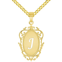 Load image into Gallery viewer, 14k Yellow Gold Elegant Filigree Oval Uppercase Initial J Script Letter Plate Pendant with Cable, Curb, or Figaro Chain Necklaces
