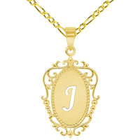 Load image into Gallery viewer, 14k Yellow Gold Elegant Filigree Oval Uppercase Initial J Script Letter Plate Pendant with Cable, Curb, or Figaro Chain Necklaces
