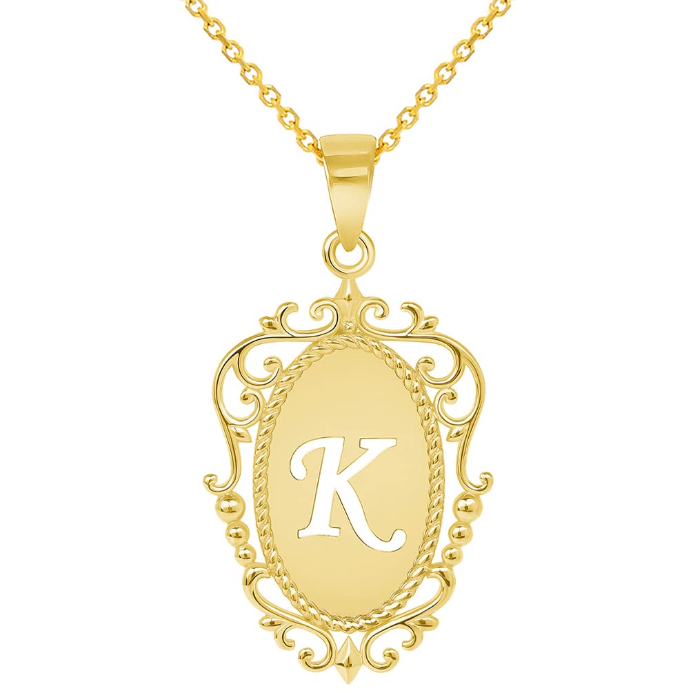 14k Gold Filigree Oval Uppercase Initial K Script Letter Pendant