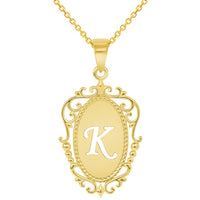 Load image into Gallery viewer, 14k Yellow Gold Elegant Filigree Oval Uppercase Initial K Script Letter Plate Pendant with Cable, Curb, or Figaro Chain Necklaces
