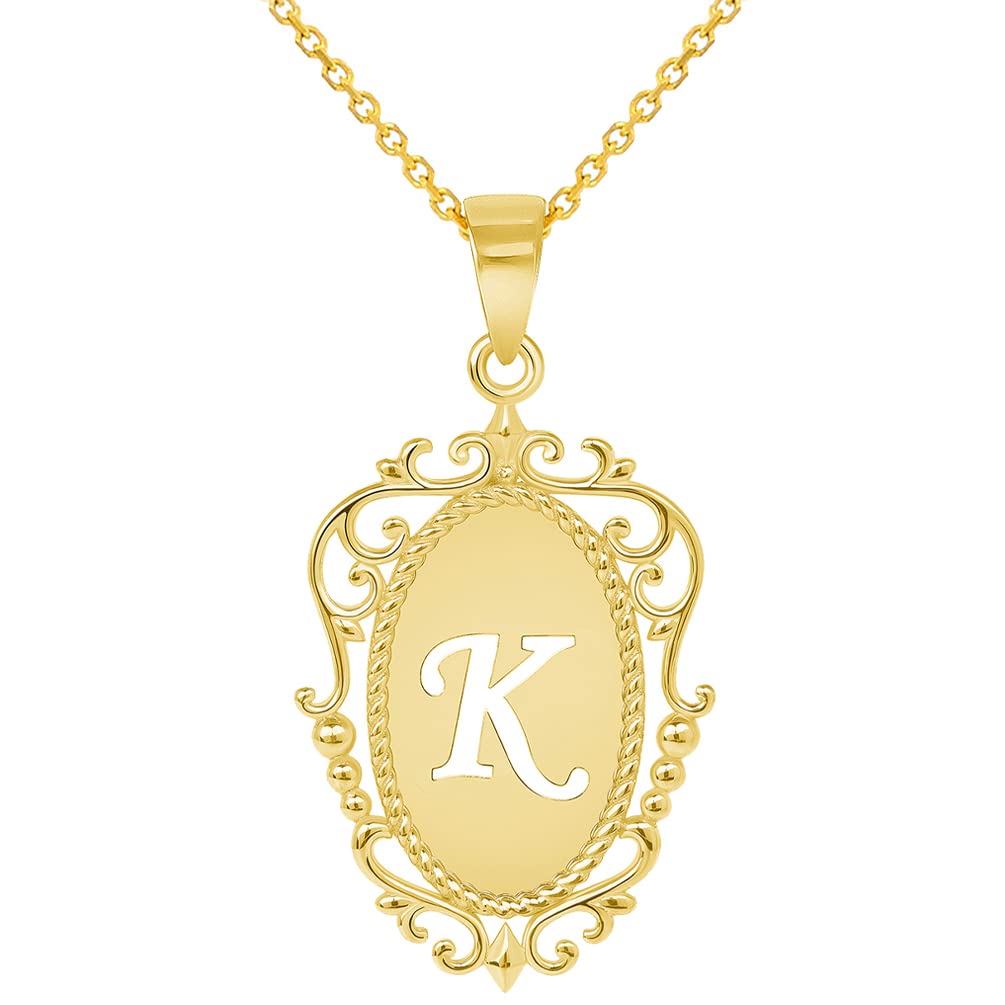 14k Yellow Gold Elegant Filigree Oval Uppercase Initial K Script Letter Plate Pendant with Cable, Curb, or Figaro Chain Necklaces