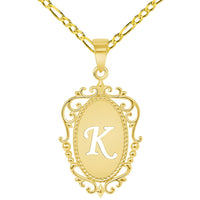 Load image into Gallery viewer, 14k Yellow Gold Elegant Filigree Oval Uppercase Initial K Script Letter Plate Pendant with Cable, Curb, or Figaro Chain Necklaces
