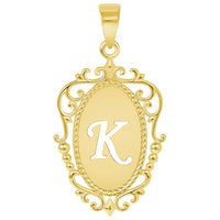 Load image into Gallery viewer, 14k Yellow Gold Elegant Filigree Oval Uppercase Initial K Script Letter Plate Pendant with Cable, Curb, or Figaro Chain Necklaces
